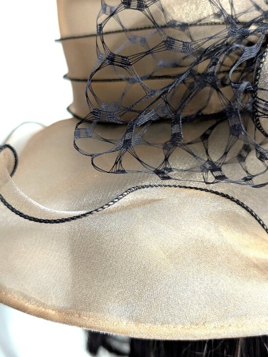 Elegant Gold Organza Wide-Brim Hat With Black Accents